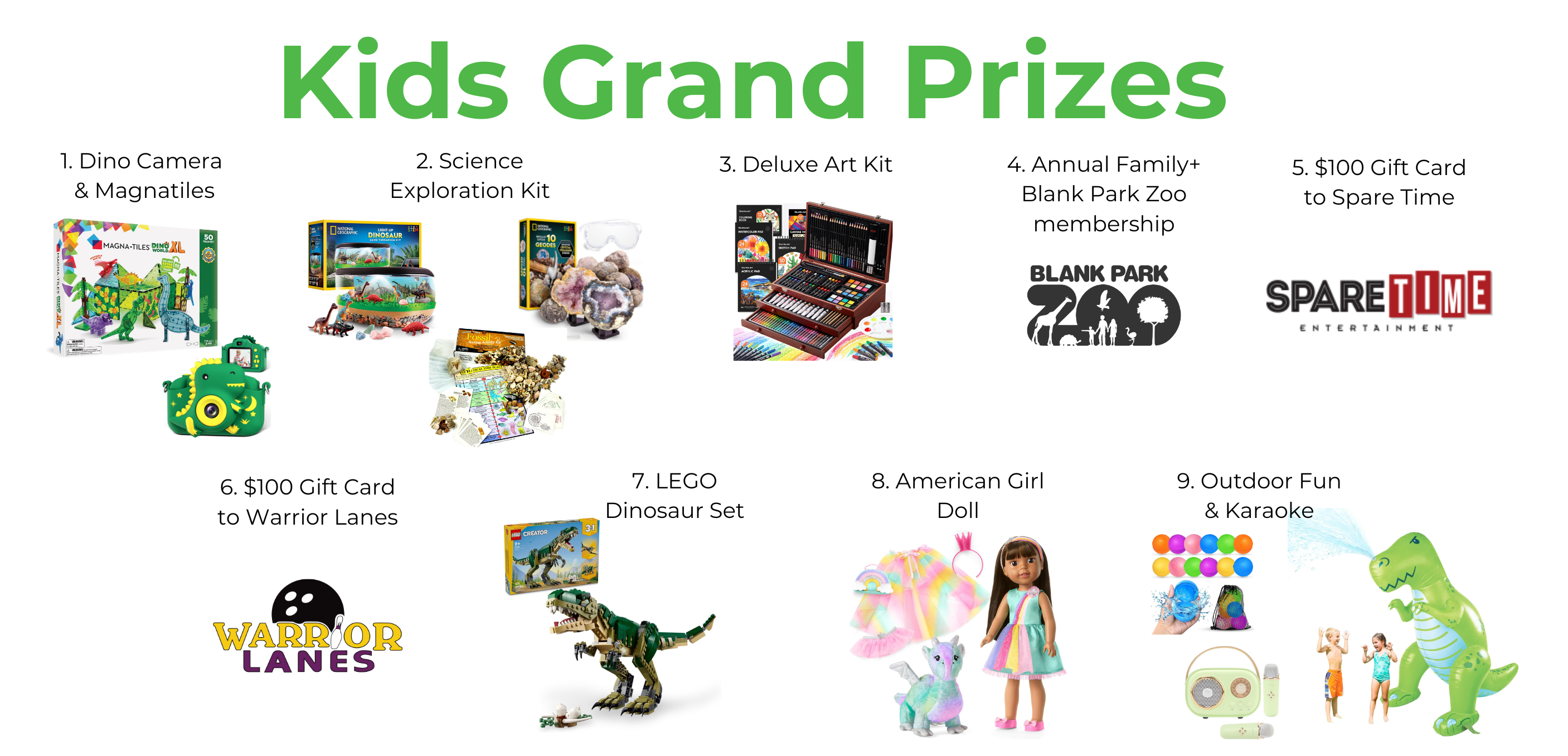 Image of kids grand prize toys and gift cards.