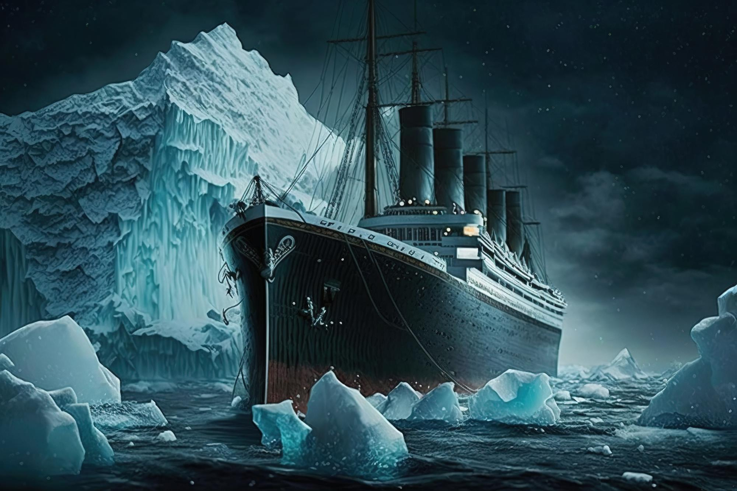 Image of titanic ship and iceberg.
