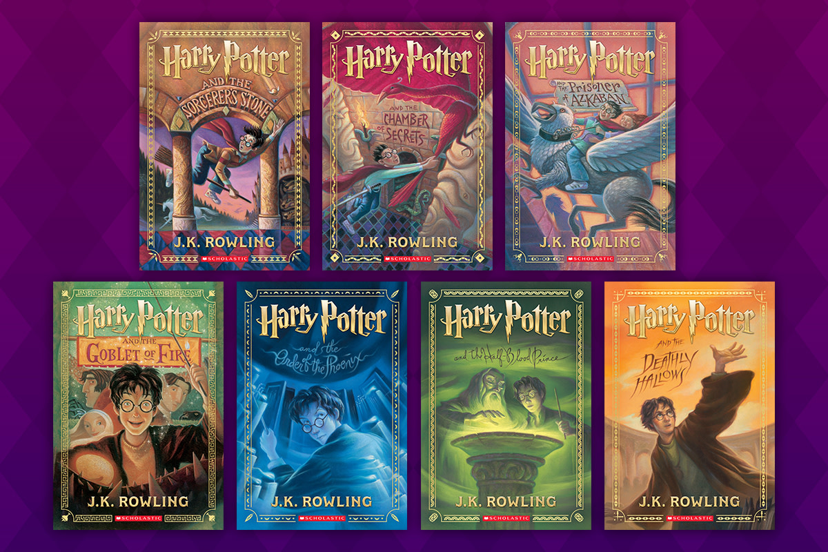Collection of Harry Potter book covers on purple background