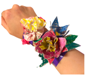 Recycled-paper-flowers-on-wrist