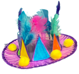 Colorful-round-paper-crown-with-feathers-and-pompoms
