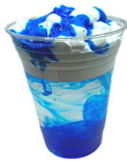 Cup-of-water-with-shaving-cream-on-top,-blue-dye-trickling-down