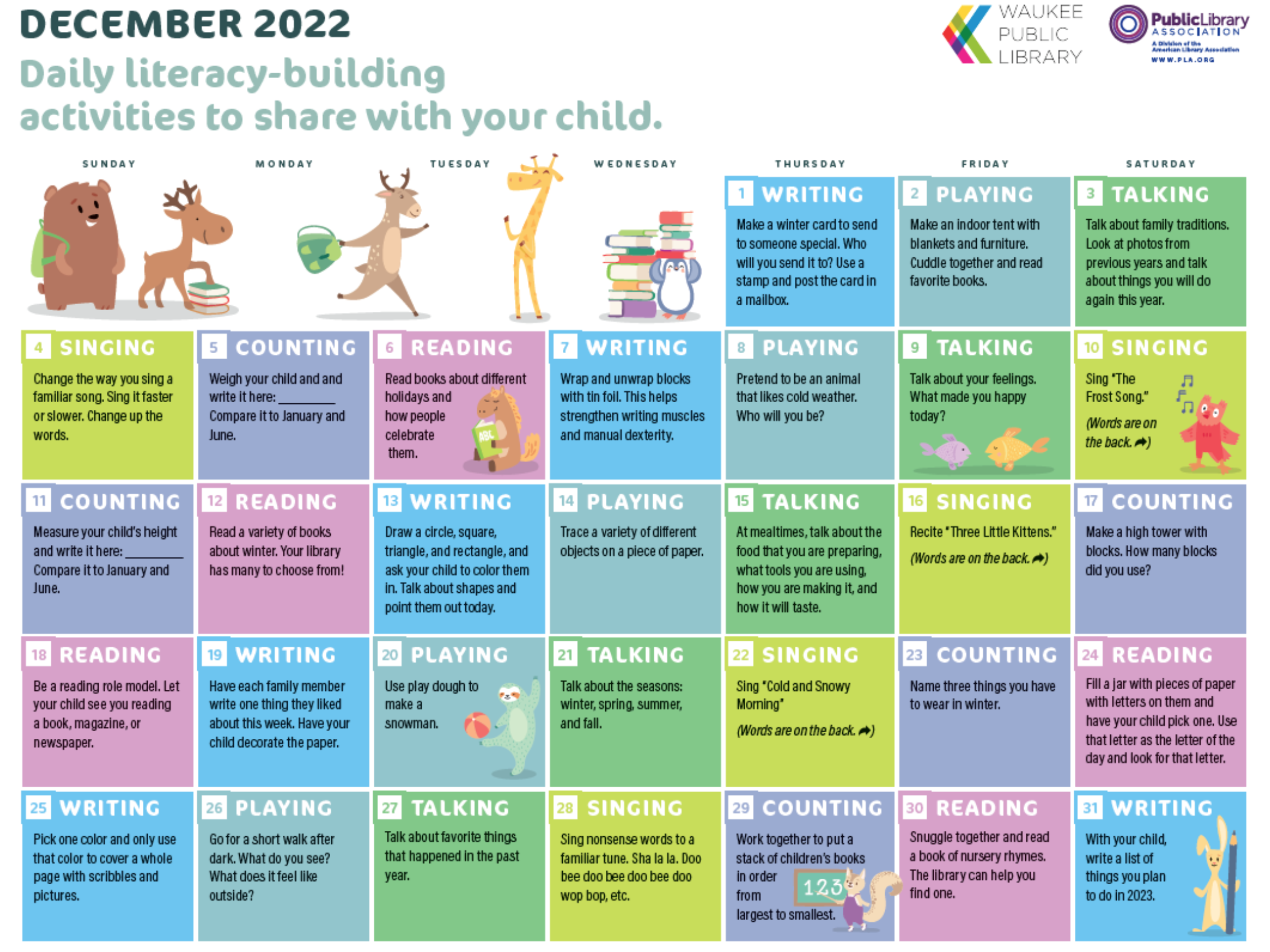 Image of December 2022 early literacy calendar.