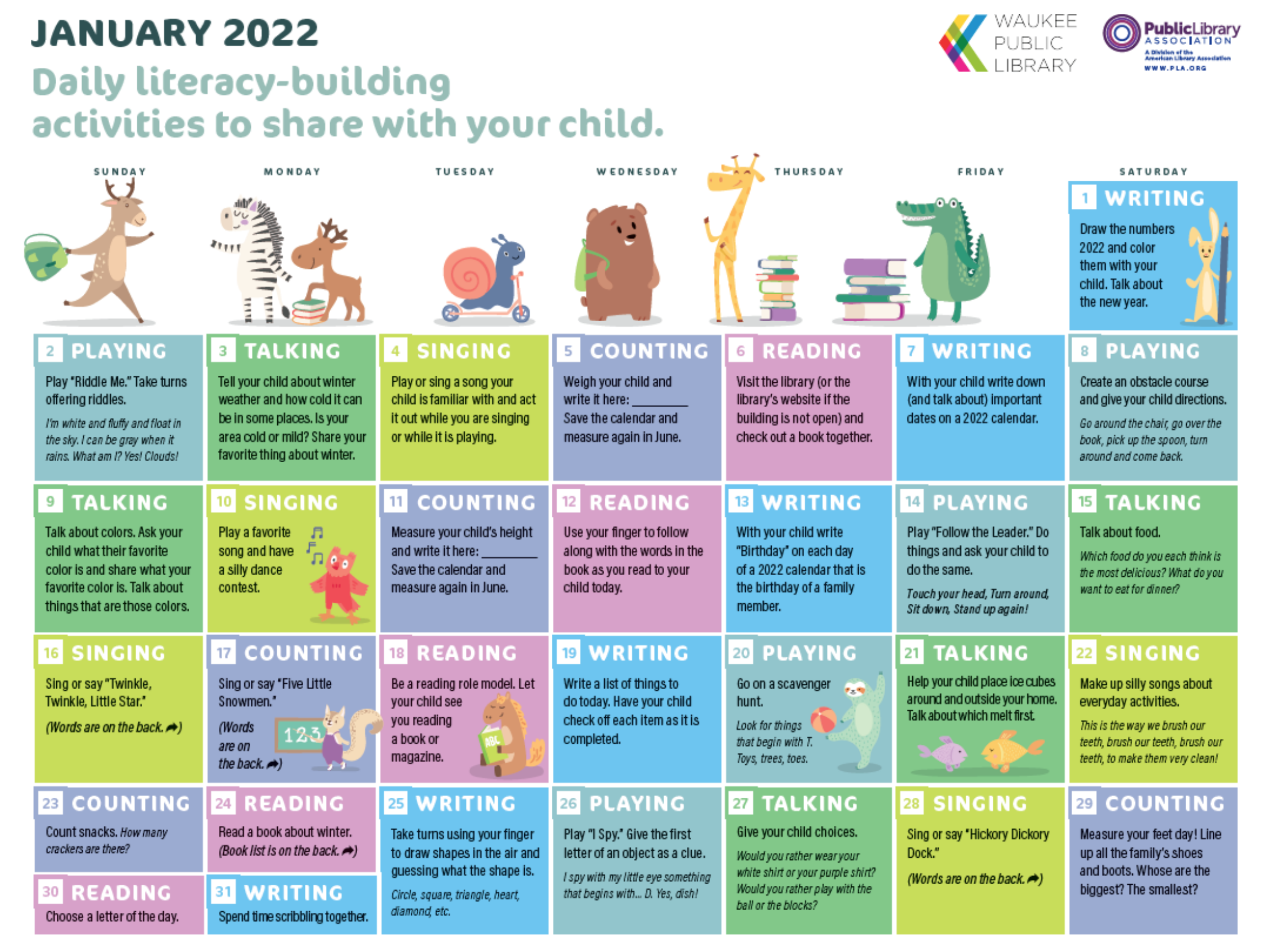 Jan 2022 Early Literacy Calendar