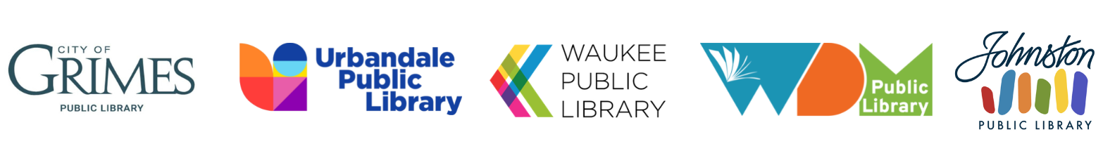 Logos for Grimes, Urbandale, Waukee, and West Des Moines libraries.